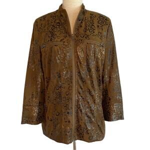 MULTIPLES Animal Print Faux Suede Jacket Brown Size Large Full Zip Casual